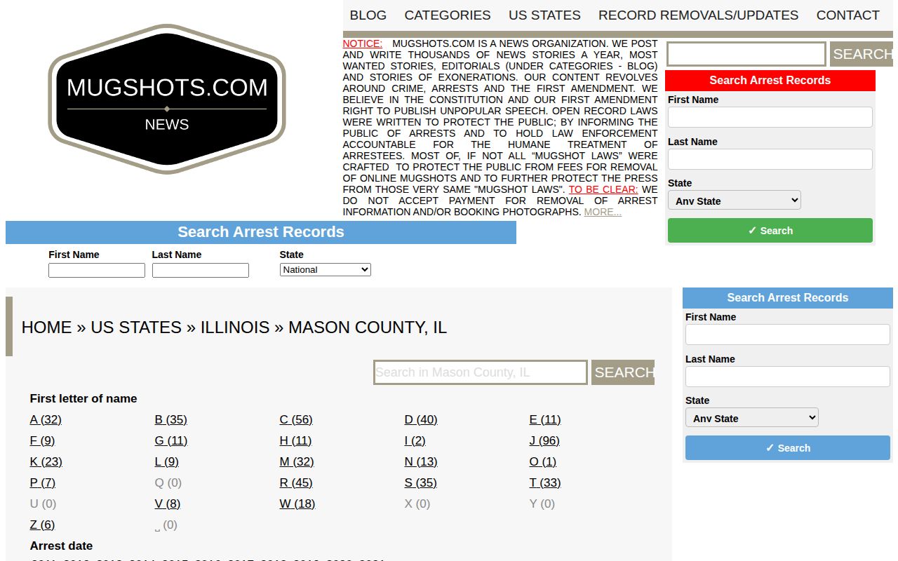 Mason County Illinois unofficial third-party mugshot source page